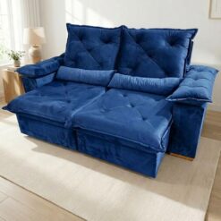 Sofá Retrátil e Reclinável Porto Madero/Brasão 2,00 m Veludo Azul - IMPERIAL DECOR