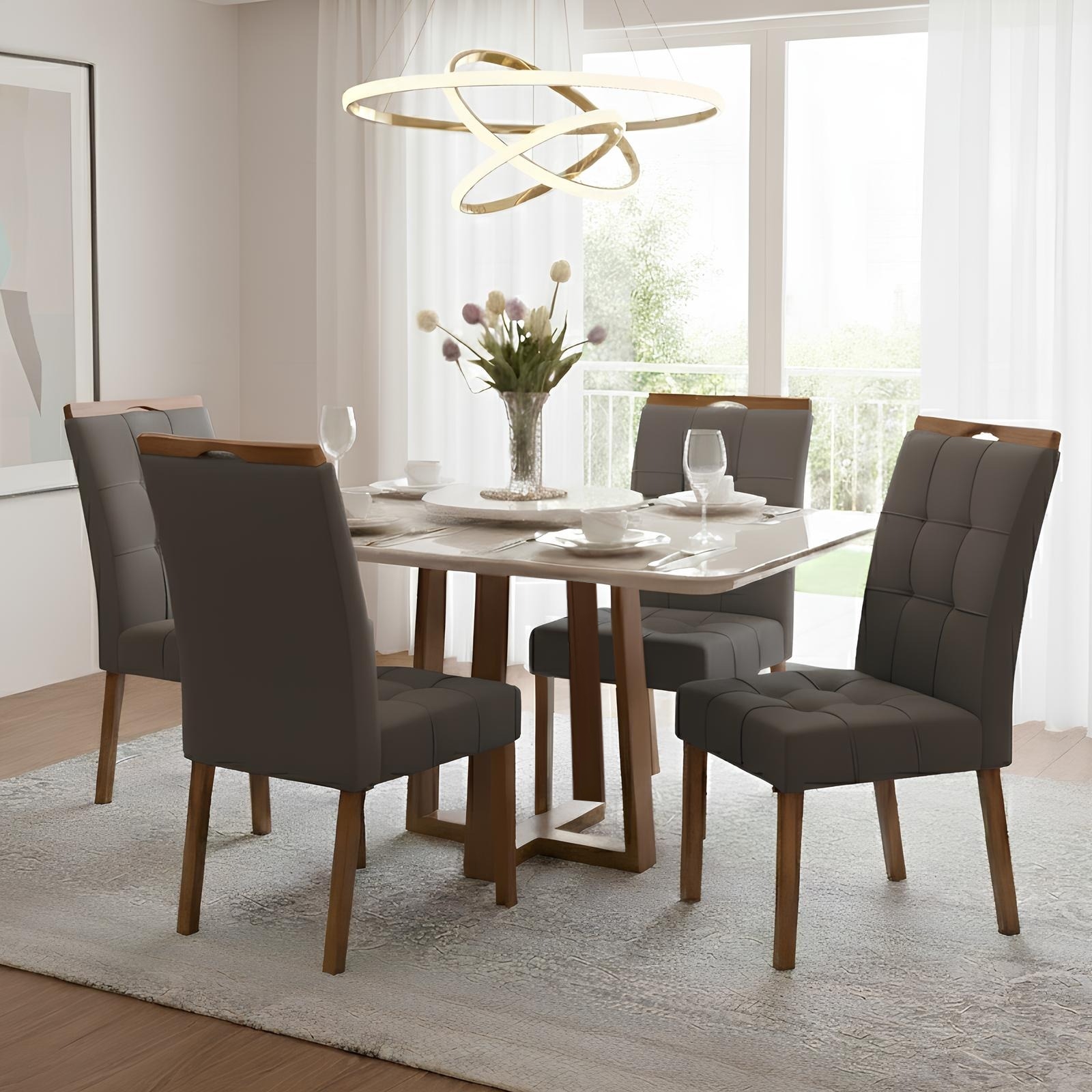 Mesa Pedro 90 Mel/Off White com 4 Cadeiras Sophia Veludo Cinza Grafite – ART ASSENTOS + WM DECOR