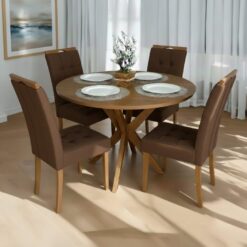 Mesa Redonda Simpatia 108 Cinamomo com 4 Cadeiras Sophia Veludo Marrom – JCM MOVELARIA + WM DECOR