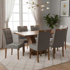 Mesa Classic 160 Cinamomo Laminado com 6 Cadeiras Sophia Veludo Cinza Grafite – CEL MÓVEIS + WM DECOR