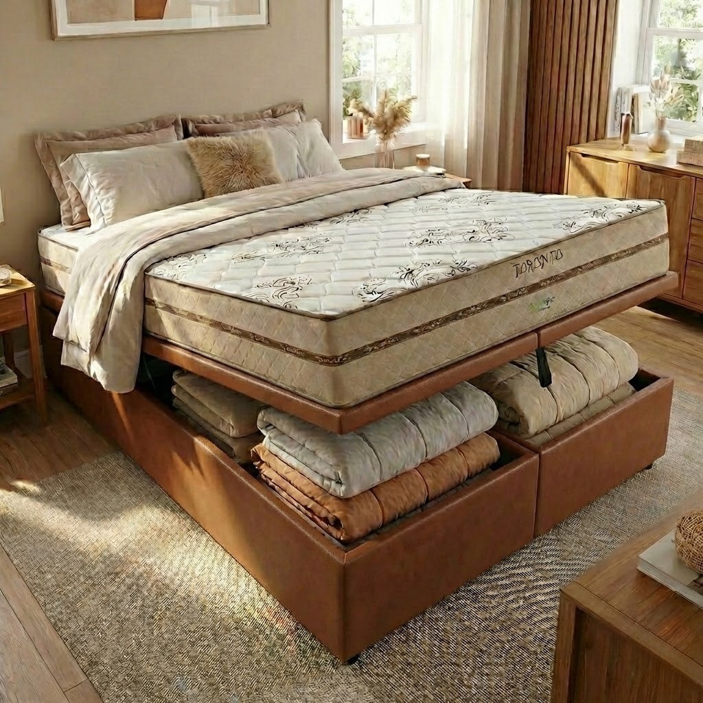 Colchão Queen Toronto D28 + Base Box Baú Corino Marrom – ECOTEC + ALTO NÍVEL CAMAS E COLCHÕES