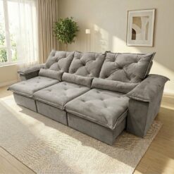 Sofá Retrátil e Reclinável Porto Madero/Brasão 2,75 m Veludo Cinza - IMPERIAL DECOR