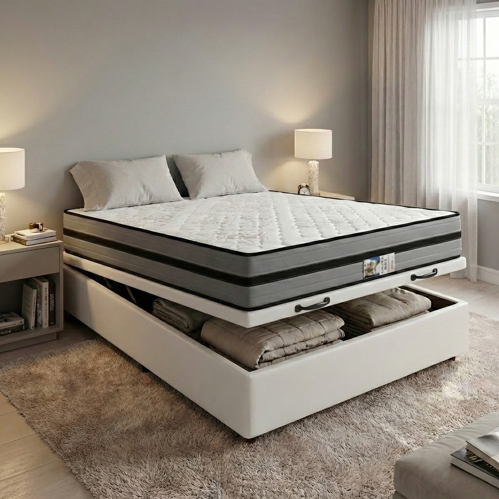 Colchão Casal Premium D45 + Base Box Baú Corino Branco – ECOTEC + ALTO NÍVEL CAMAS E COLCHÕES