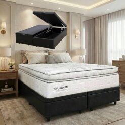 Colchão Queen New Freedom 32 cm D33 Molas Ensacadas + Base Baú Corino Preto – ORTOBOM + ALTO NÍVEL