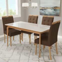 Mesa Alegra 120 Cinamomo/Off White com 4 Cadeiras Sophia Veludo Marrom – JCM MOVELARIA + WM DECOR