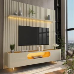 Painel até 85" Nobre 230 Off White + Rack Nobre 210 (Pés de Vidro) Off White/Naturale – GELIUS