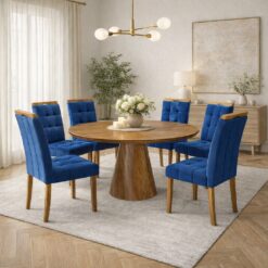 Mesa Redonda Malva 130 Mel com 6 Cadeiras Sophia Veludo Azul 107 – J SILVA MÓVEIS + WM DECOR