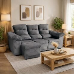 Sofá Retrátil e Reclinável Dinamarca 2,10 m Veludo Cinza - FLASH ESTOFADOS