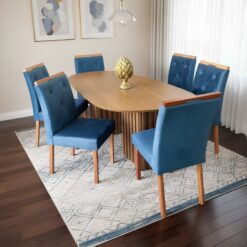 Mesa Isis 180 Freijó com 6 Cadeiras Yasmim Veludo Azul – LEIFER + KM DECOR