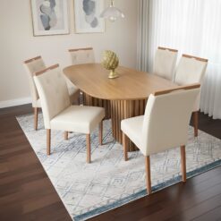 Mesa Isis 180 Freijó com 6 Cadeiras Yasmim Veludo Bege – LEIFER + KM DECOR