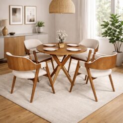 Mesa Redonda Simpatia 108 Cinamomo com 4 Cadeiras Pérola Linho Areia – JCM MOVELARIA + WJ DECOR