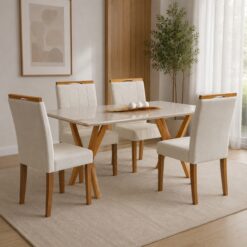 Mesa Essência 120 (C/Vidro) Cinamomo/Off White com 4 Cadeiras Las Vegas Veludo Bege 01 – JCM MOVELARIA + OURO DECOR