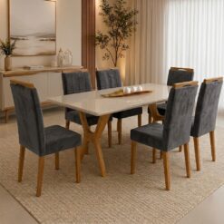 Mesa Essência 180 (C/Vidro) Cinamomo/Off White com 6 Cadeiras Las Vegas Veludo Cinza Grafite 10  – JCM MOVELARIA + OURO DECOR