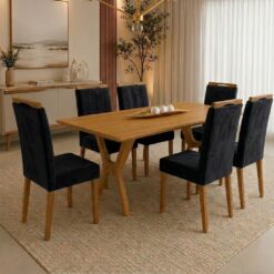 Mesa Essência 180 (S/Vidro) Cinamomo com 6 Cadeiras Las Vegas Veludo Preto 13 – JCM MOVELARIA + OURO DECOR