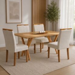 Mesa Essência 120 (S/Vidro) Cinamomo com 4 Cadeiras Las Vegas Veludo Bege 01 – JCM MOVELARIA + OURO DECOR