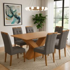 Mesa Amora BA35 160 (S/Vidro) Canela com 6 Cadeiras Sophia Veludo Cinza Grafite – KAPPESBERG + WM DECOR