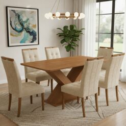 Mesa Amora BA35 160 (S/Vidro) Canela com 6 Cadeiras Sophia Linho Bege 200 – KAPPESBERG + WM DECOR