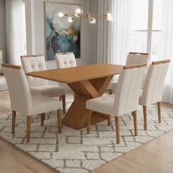 Mesa Graviola BA29 160 (S/Vidro) Canela com 6 Cadeiras Sophia Veludo Bege – KAPPESBERG + WM DECOR