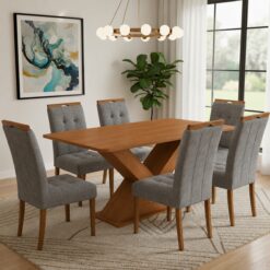 Mesa Amora BA35 160 (S/Vidro) Canela com 6 Cadeiras Sophia Linho Cinza Grafite 206 – KAPPESBERG + WM DECOR