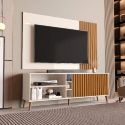 Painel até 65" + Rack Bancada Luara Off White/Cedro - SAL MOVELARIA