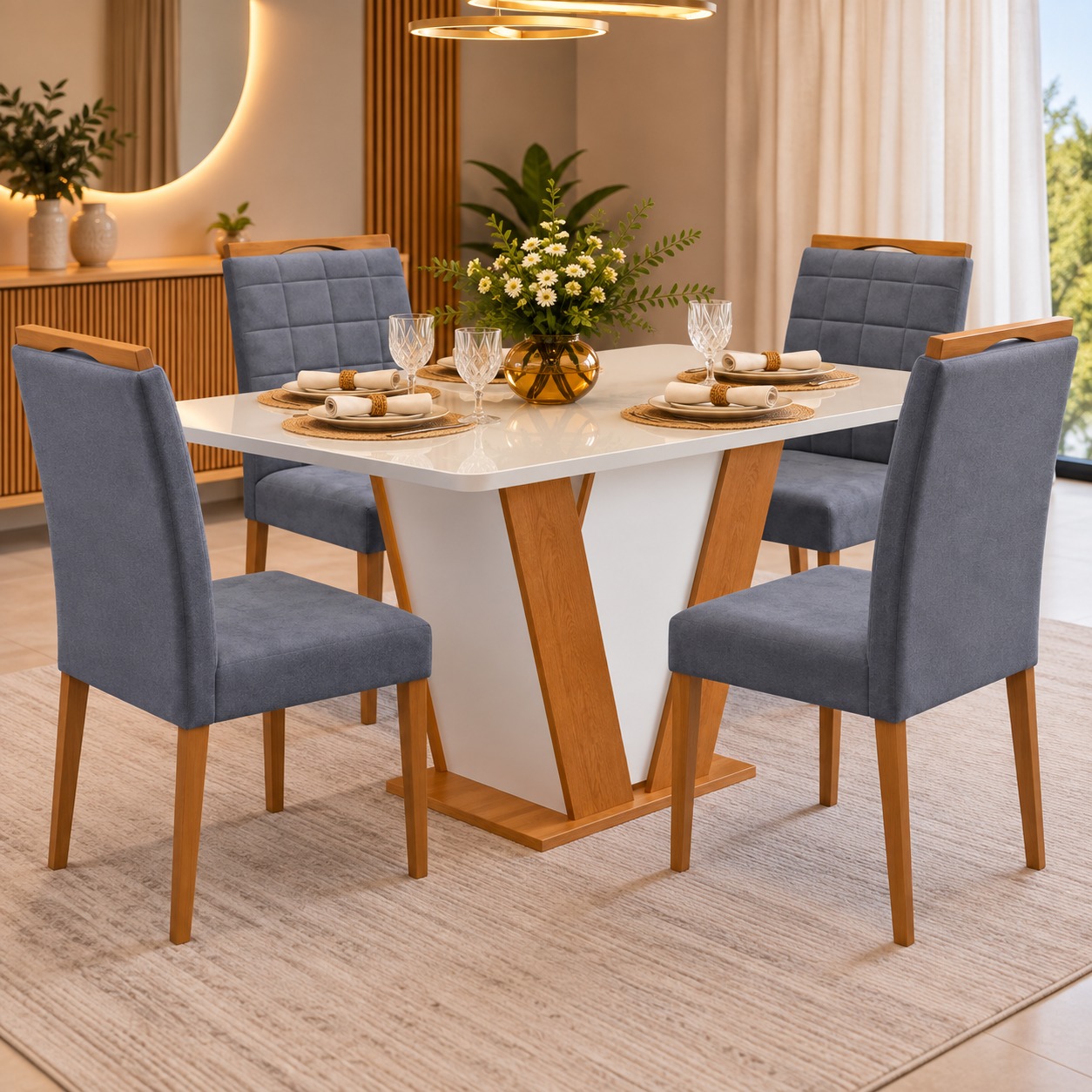 Mesa Qatar 120 (Tampo Londres c/ vidro) Off White/Cinamomo/Off White com 4 Cadeiras Quartzo/Safira Veludo Cinza Grafite - CEL MÓVEIS + KM DECOR