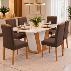 Mesa Qatar 160 (Tampo Londres c/ vidro) Off White/Cinamomo/Off White com 6 Cadeiras Quartzo/Safira Veludo Marrom – CEL MÓVEIS + KM DECOR
