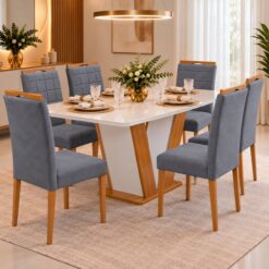Mesa Qatar 160 (Tampo Londres c/ vidro) Off White/Cinamomo/Off White com 6 Cadeiras Quartzo/Safira Veludo Cinza Grafite - CEL MÓVEIS + KM DECOR