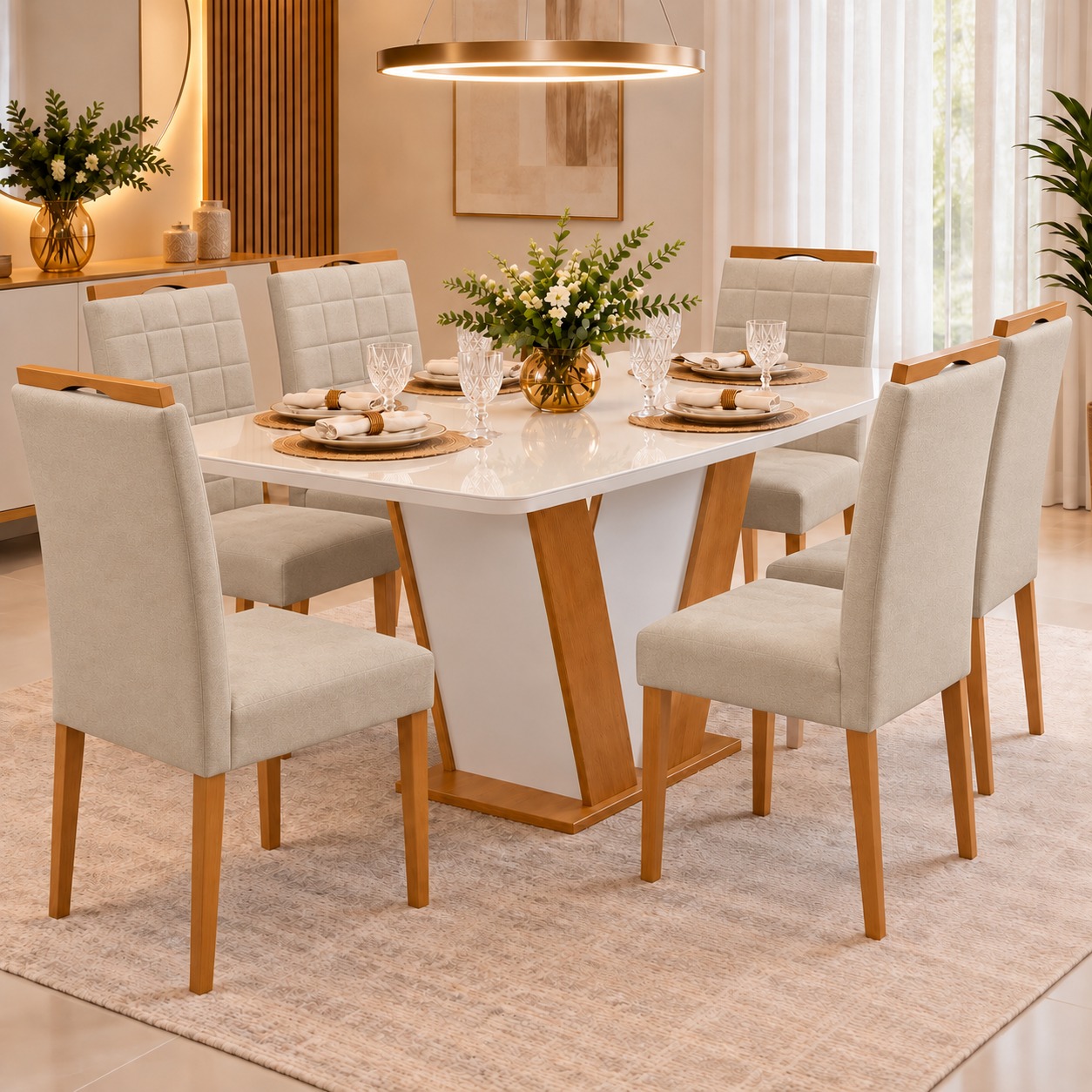 Mesa Qatar 160 (Tampo Londres c/ vidro) Off White/Cinamomo/Off White com 6 Cadeiras Quartzo/Safira Veludo Bege – CEL MÓVEIS + KM DECOR